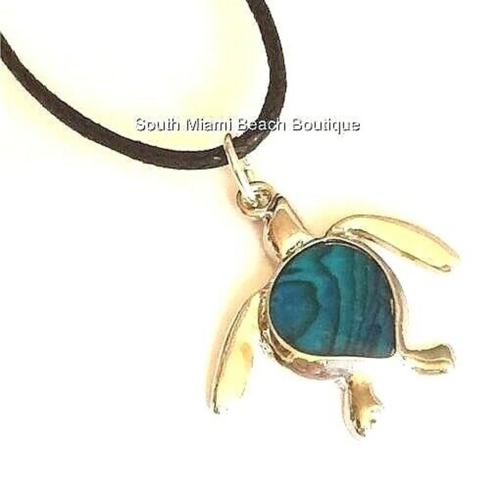 Silver Abalone Sea Turtle Surfer Necklace 22" Blue Shell Mens Womens Island